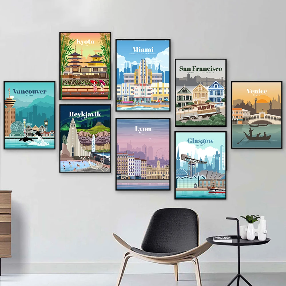 Famous City Retro Travel Poster Cartoon Venice Seoul Kyoto Iceland Miami Landscape Canvas Painting Wall Art Pictures Room Decor