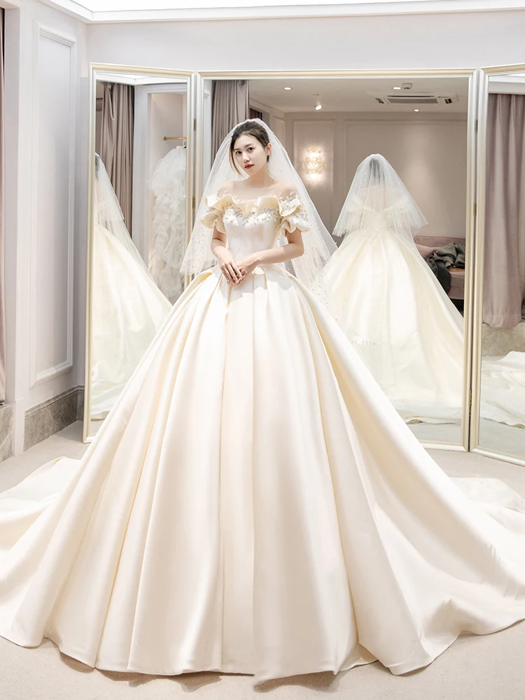 Gaun pernikahan Satin bunga bahu terbuka 2024 gaun pengantin sederhana panjang selantai baru Robe De Mariee disesuaikan