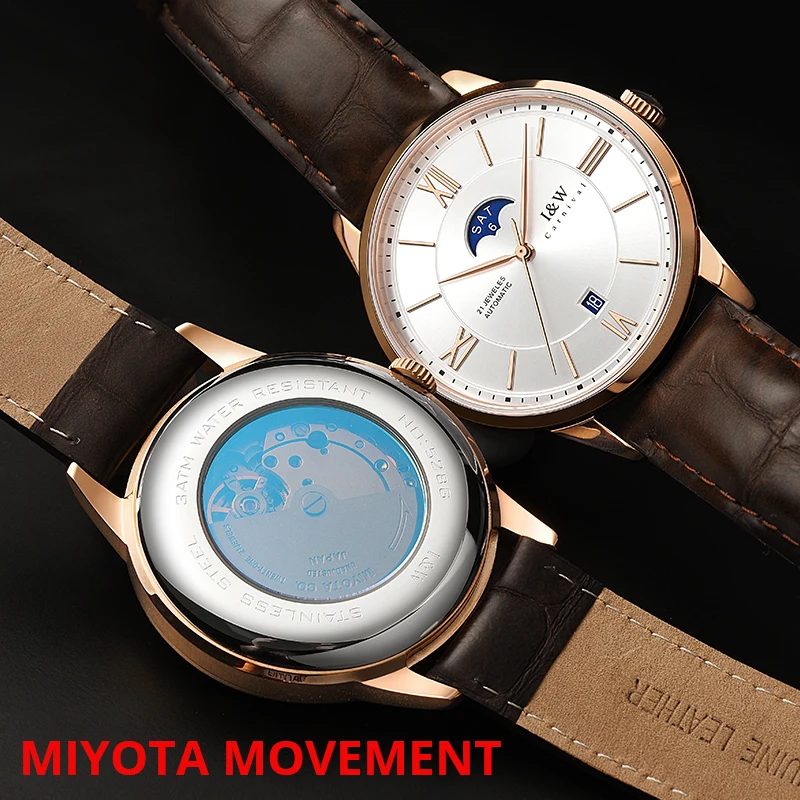 Reloj hombre I&W MIYOTA Movement Mechanical Watch Men Automatic Moon Phase Calendar Waterproof Sapphire Mirror Watches Mens 2020