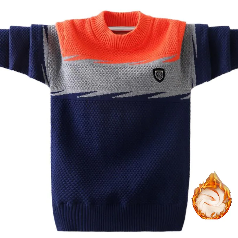 Winter velvet baby boys pure cotton sweaters 4-15Y kids warm jacket teenage boys pullovers long sleeve knitted sweaters O-neck