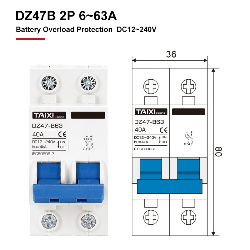 DZ47B Miniature Circuit Breaker DC 12V 24V 36V 48V DC MCB Battery Car Protector 6A-150A Air Switch Din Rail Mount