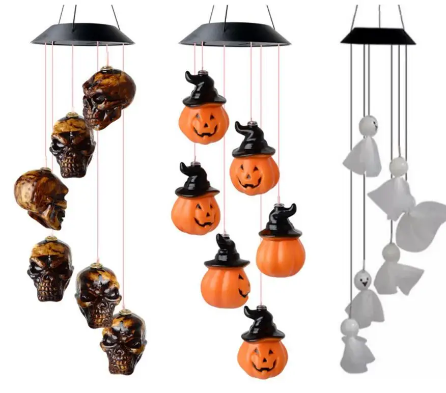 Led Solar Pumpkin Wind Chime Gift Halloween Party Decoration Skull Ghost Light Color Changing Hanging Pendant Lamp 10pcs/lot