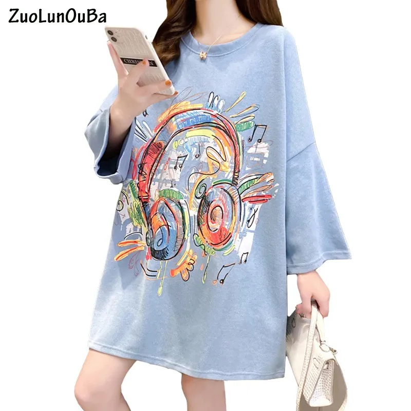 

ZuoLunOuBa Summer Creative Women T Shirt Abstract Headphone Print Harajuku Lace Decoration Loose Short Sleeve Blue Tees Tops