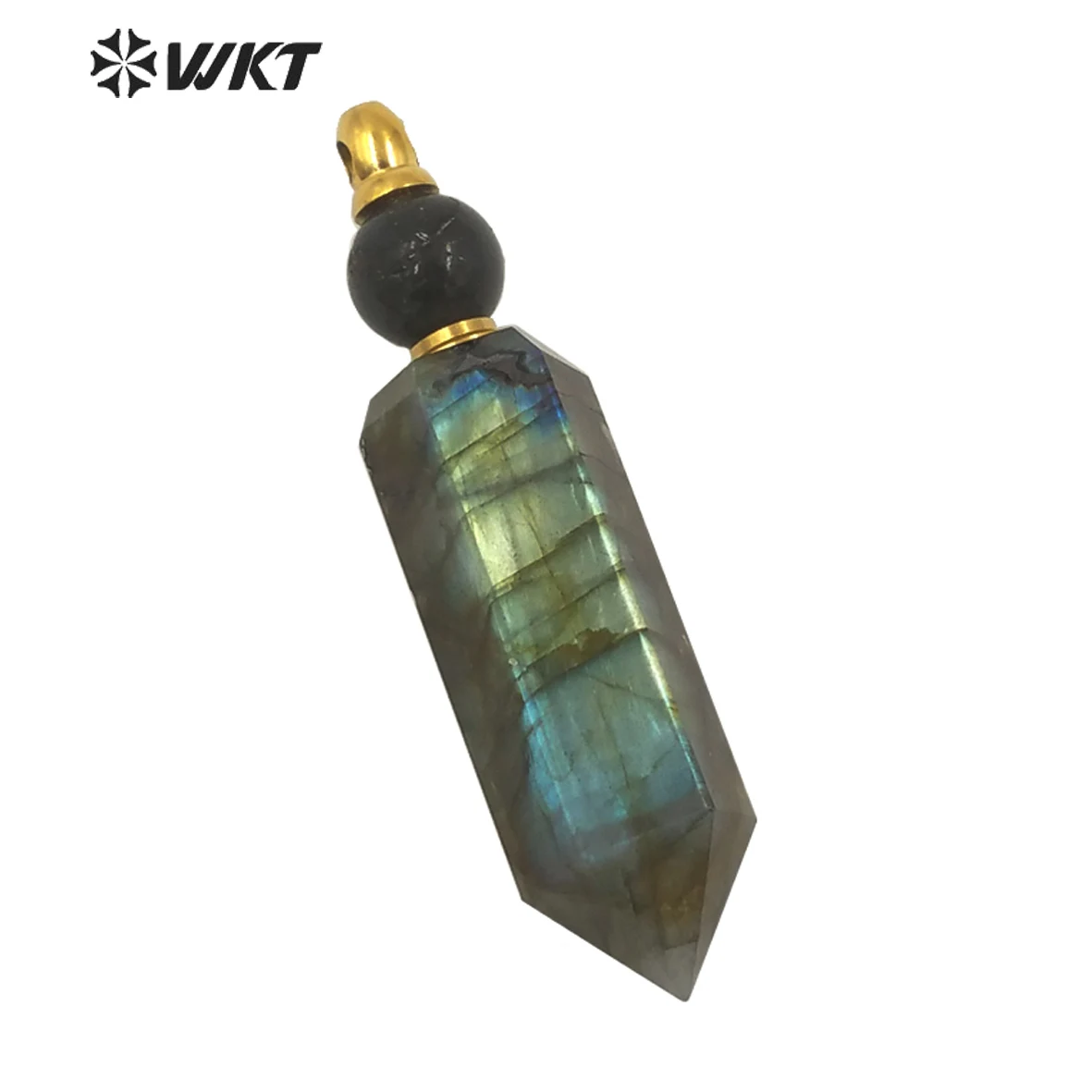 WT-P1618 Wholesale Women Green Perfume Bottle Pendant Flashing Natural Labradorite Hexagon Cube Spirit Point Pendant