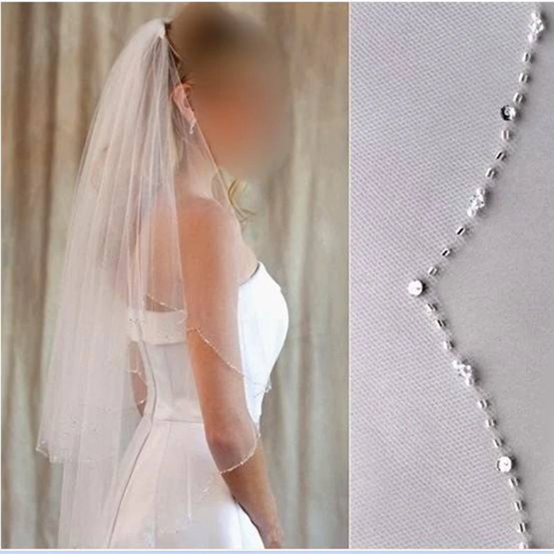 Förderung Hohe Qualität Hochzeit Zubehör Elegante Taille Länge Tüll zwei-schicht perlen mit kamm Hochzeit Schleier