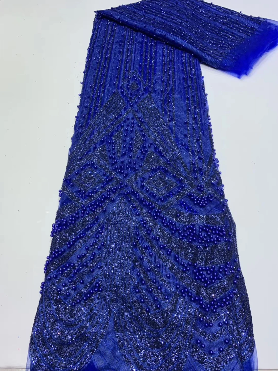 

Royal Blue High Quality African Sequins Lace Fabric with Bead Embroidery French Mesh Lace Fabric for Nigerian Wedding Party