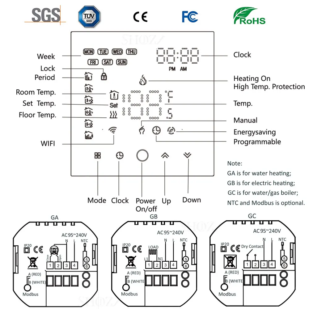 Thermostat WiFi 16a 5a, tactile intelligent, contrôleur de température de sol chaud, chauffage électrique au sol, chaudière à gaz, application Tuya, télécommande