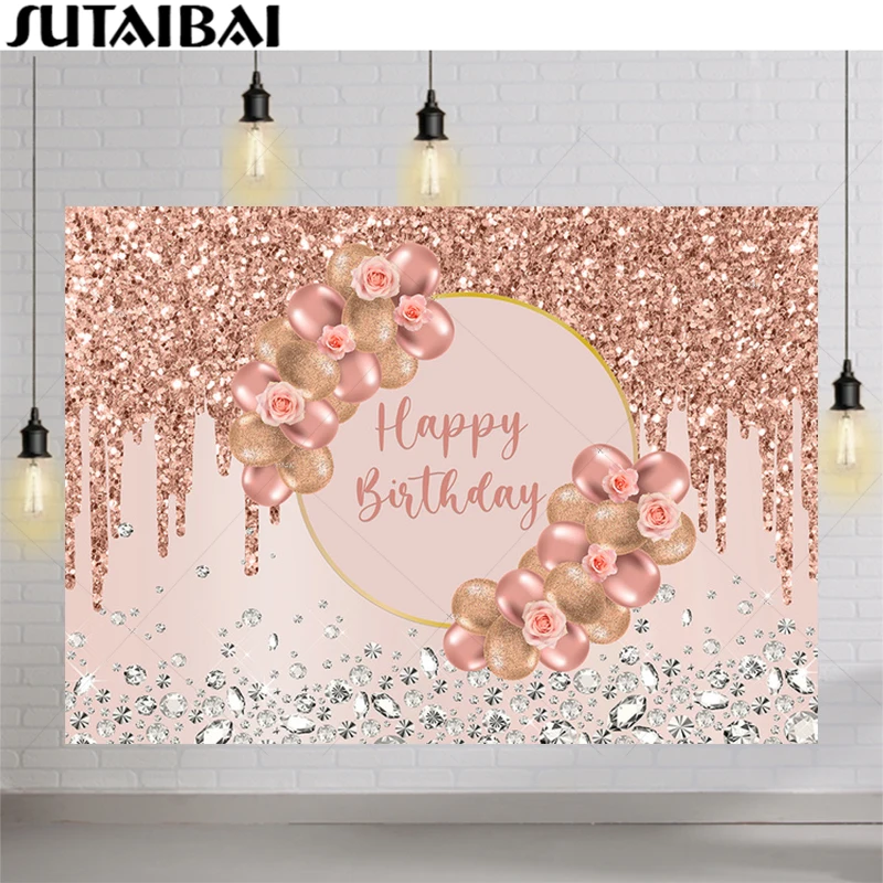 

Photography Backdrop Pink Red Balloons Birthday Party Diamonds Glitters Star Dot Pendant Custom Poster Portrait Photo Background