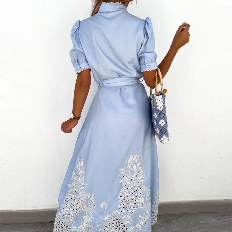 2021 Summer Puff Sleeve Lace Party Dress Sexy Hollow Out Patchwork Embroidery Long Dress Elegant Women Tie-Up Belted Shirt Dress