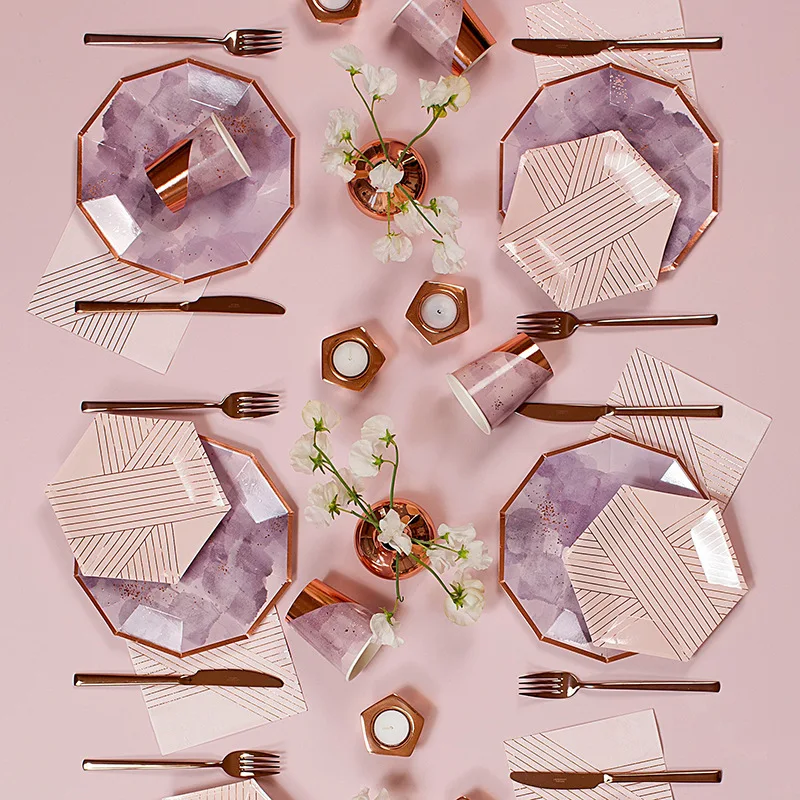 Disposable Tableware Purple Watercolor Paper Plates Wedding Decoration Striped Pink Cups Plates Kids Birthday Party Supplies