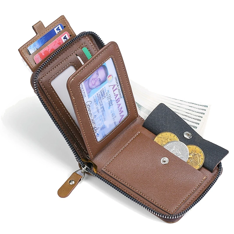 Cartera de cuero con cera de aceite para hombre, monedero corto, tarjetero, billetera con cremallera alrededor del dinero, 2024