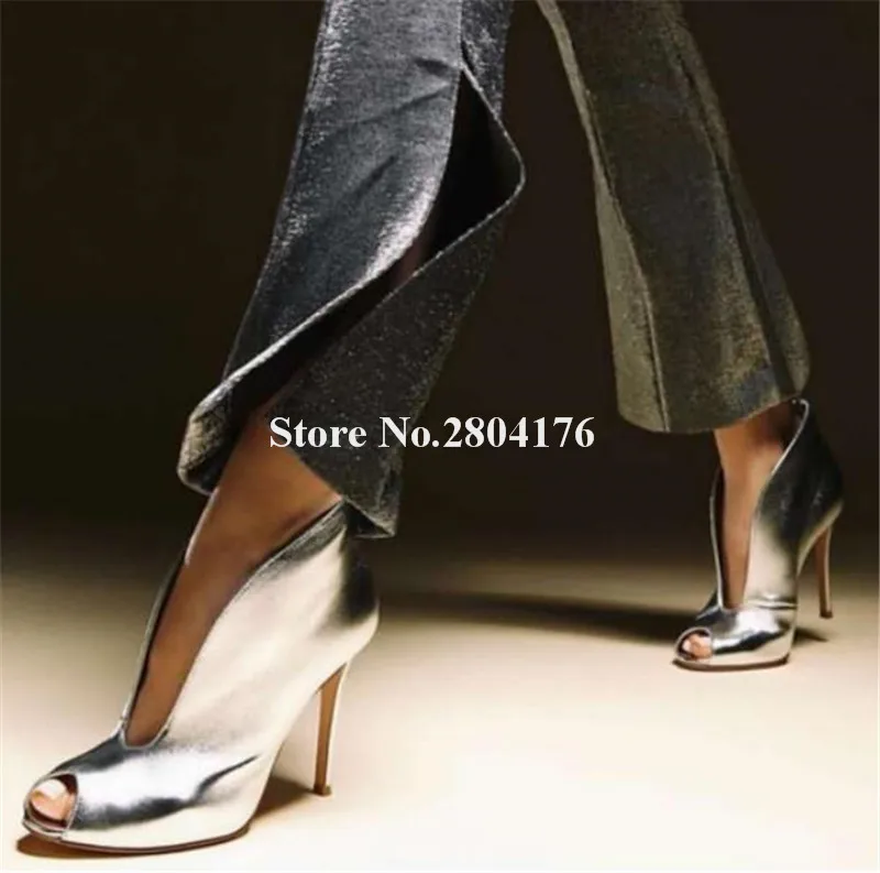 Women Fashion Peep Toe V-cut Stiletto Heel Short Boots Slip-on Silver Black Red High Heel Ankle Booties Party Dress Heels