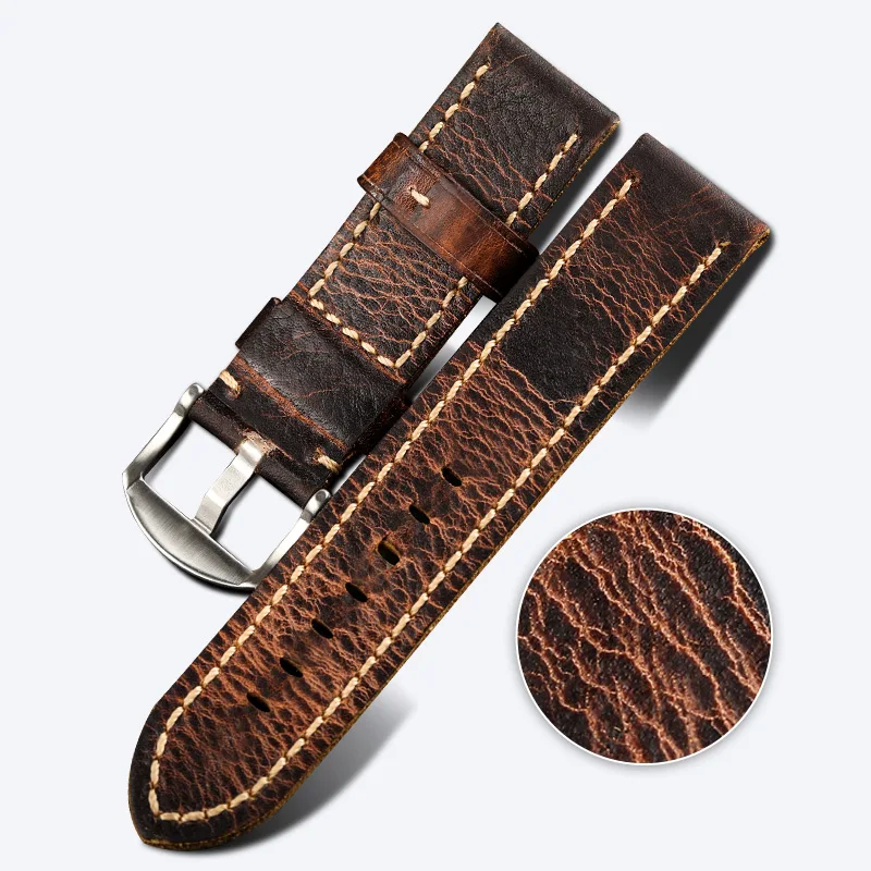 Hand-folded cowhide leather Watchband  for PAM111 20 22 24 26MM men\'s discolored brown retro style raw leather strap