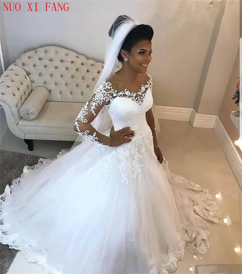 African Ball Gown White Wedding Dress Long Sleeves robe de mariee Wedding Gowns Lace-Up Back Lace Appliques vestido de noiva