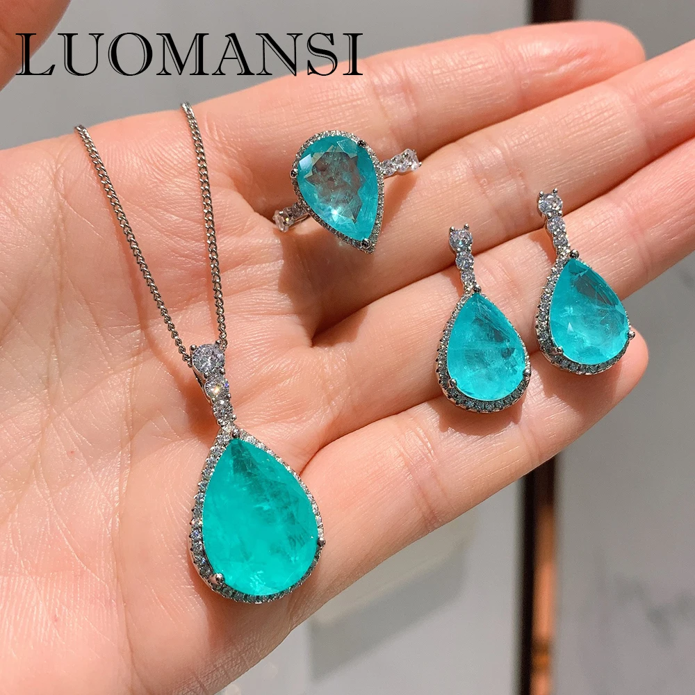 Luomansi Luxury 925 Sterling Silver Paraiba Tourmaline Gemstone Earrings/Pendant/Necklace/Ring Wedding Jewelry Sets Wholesale