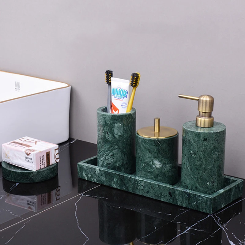 Dark Green Natural Marble Bathroom Set Nordic Style Light Luxury Tray Toothbrush Holder Soap Dispenser Kit Bathroom