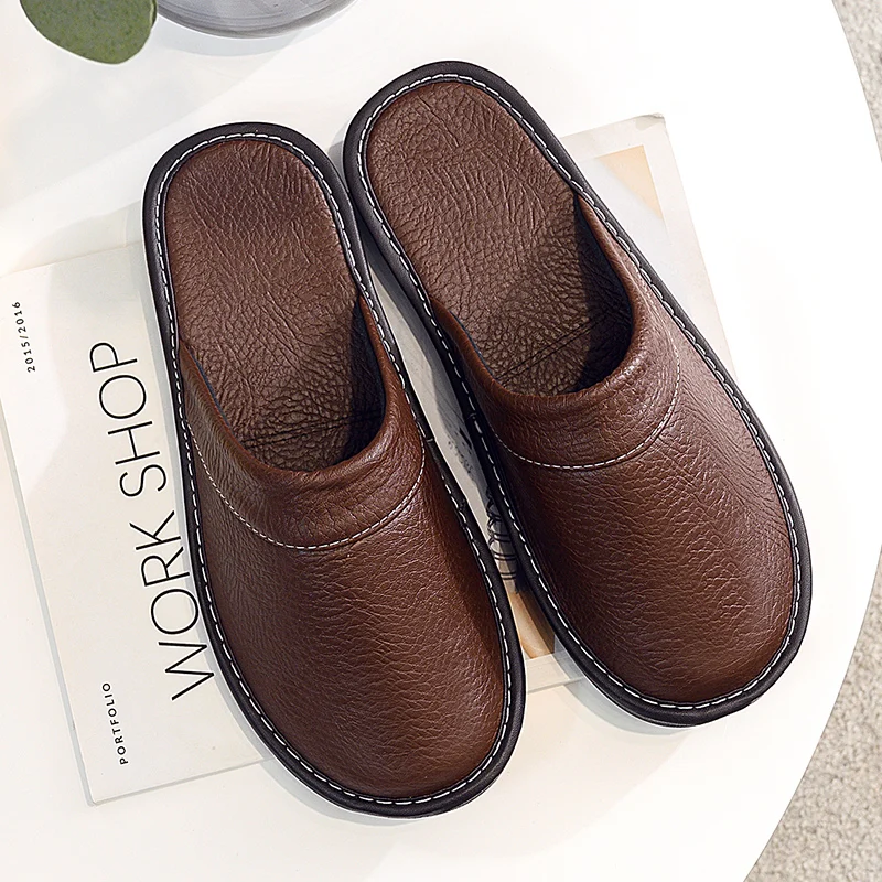 

Home Leather Slippers Couple Autumn Winter Indoor Shoes Men Slides Plus Size 47 48 Unisex Bedroom Slippers Man Plush Slides