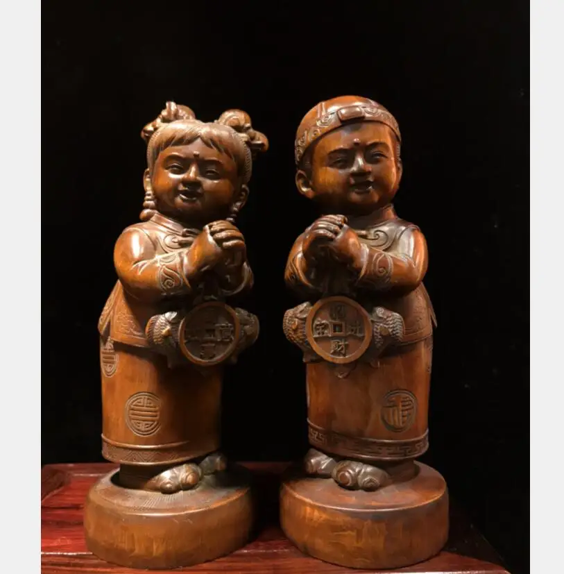 

China Hand-carved boxwood archaize Boys and girls crafts statue A pair