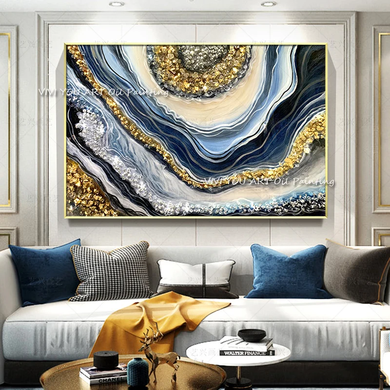 

Large Size Handmade thick knife abstract Gold Foil oil painting Blue White gorgeous for home Living Room Decoration Artworks