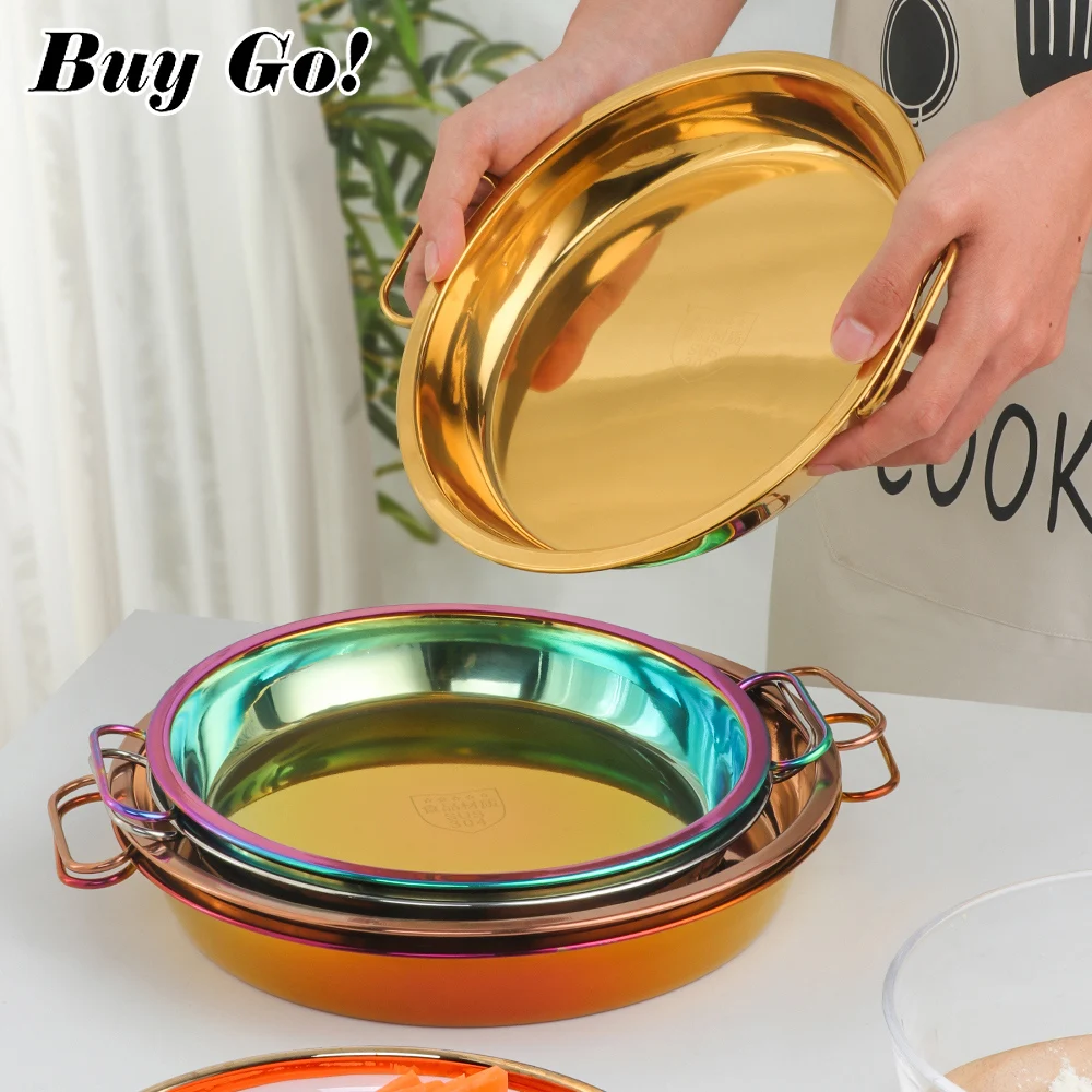 1/2PC Stainless Steel Pan Cold Noodle Making Tools Round Serving Cake Plate Thick Party Steamed Rice Fruit Tray for Home Kitchen