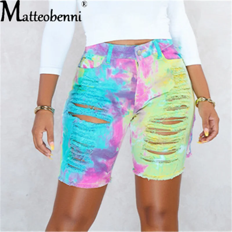 2021 Summer New Women Tie Dye Print High Waist Hollow Out Sexy Jeans Shorts Fashion Streetwear Hole Denim Shorts Trousers Pants