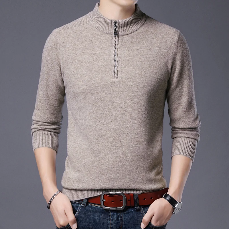 New Arrival  Autumn Winter Male Fashion Design Pure 100% Sheep Wool  Zipper  Sweaters Male High Quality Cashmere Pullovers Slim