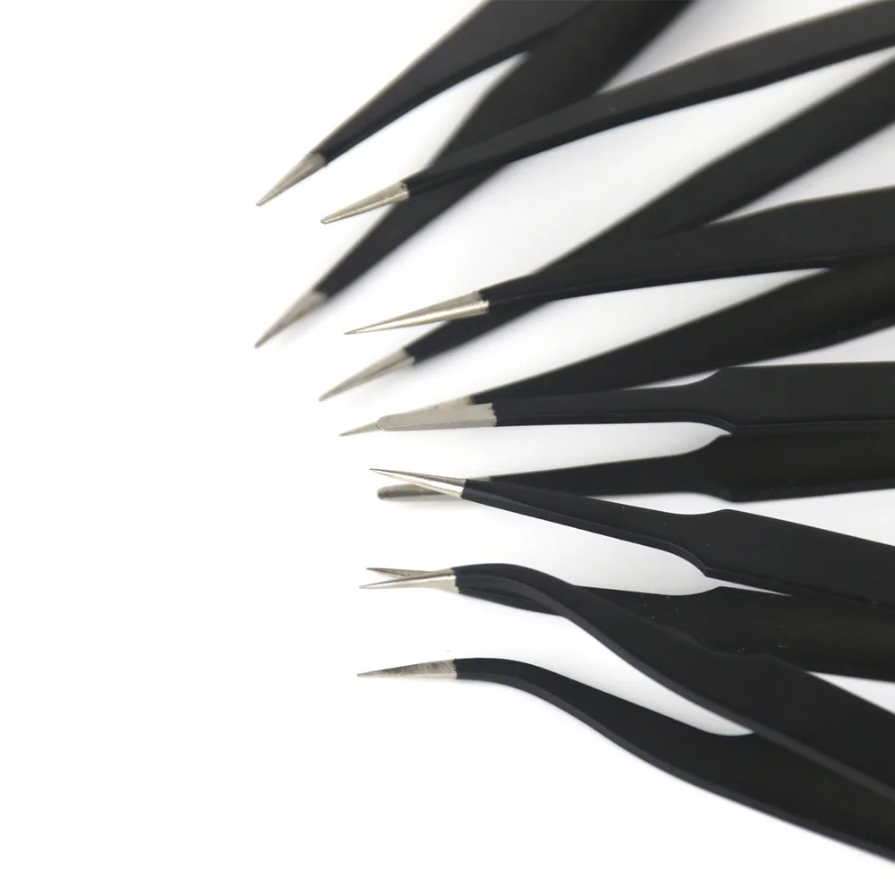 6pcs Anti-static ESD 10-15 Industrial Precision Curved Straight Tweezers Stainless Steel BGA Repair Tweezers Maintenance Tool