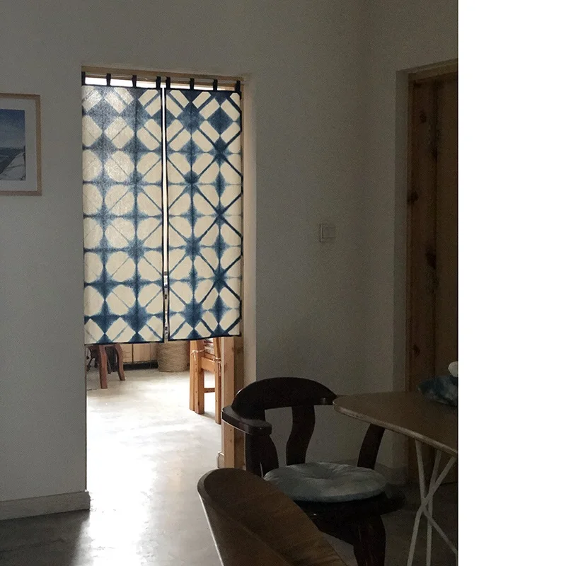 

Traditional Chinese Hand tie Dyeing Short Curtains 100% Natural Cotton Cortinas Handmade Blue Plaid Window Decoration