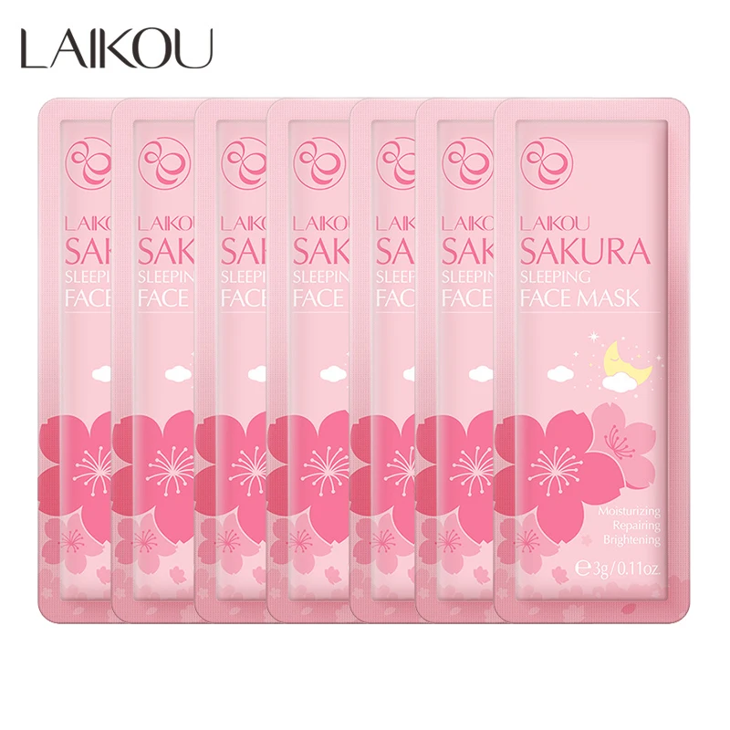 7pcs LAIKOU Sakura Face Mask Ration Pack Facial Sleeping Cream Mask No Washing Moisturizing Nourishing Skin Firm Beauty FaceCare