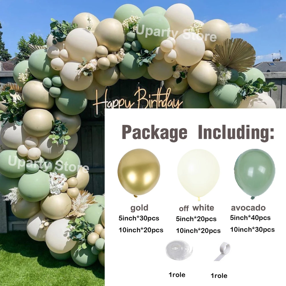 162Pcs Avocado Green Balloons Garland Arch Creamy White Retro Olive Green Balloon for Wedding Birthday Party Background Decor