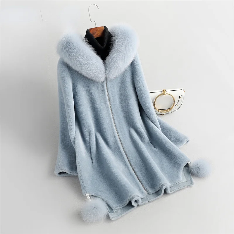 

AYUNSUE Winter Jacket Women 2021 Autumn Hooded Real Sheep Shearling Coat Female Fox Fur Collar Jackets Jaqueta Feminina Gxy542