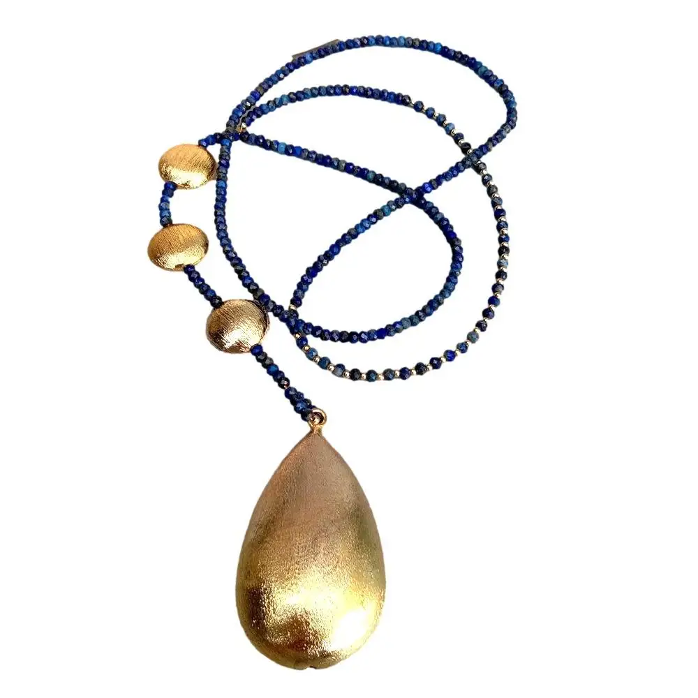 

YYGEM Gold Plated Brushed Teardrop Pendant Natural faceted rondelle Rearl Lapis Lazuli Long Necklace 29''