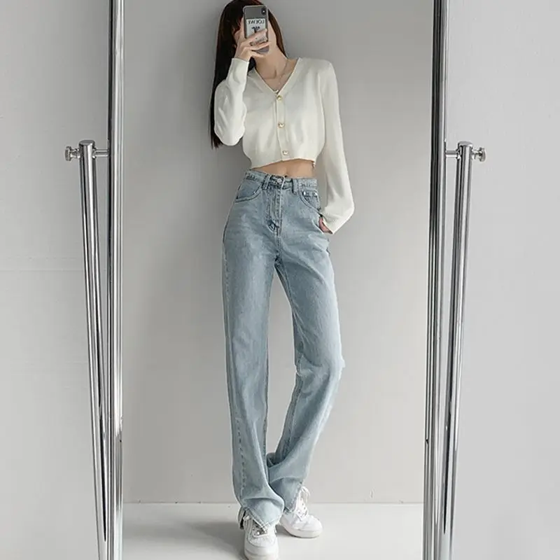 Women\'s Jeans Spring Streetwear High Waist Jeans Wide Leg Long Pants Vintage Femme Casual Baggy Straight Mom Denim Trouser