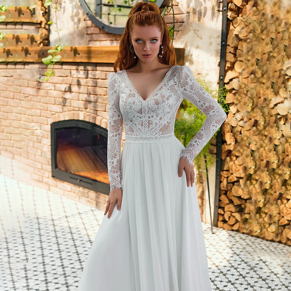 Robe de mariée à manches longues style Boho, tenue d'extérieur, col en V, traîne à balayage, sur mesure, en mousseline de soie et dentelle, dos nu