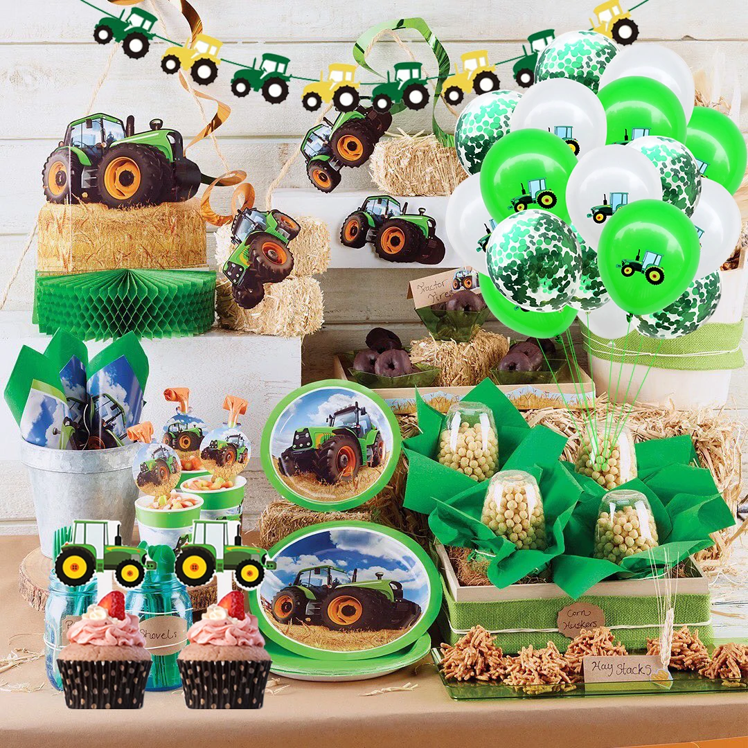 1Set Farm Green Theme Happy Birthday Banner Balloons Tractor Construction Vehicle Birthday Party Decoration Balloon