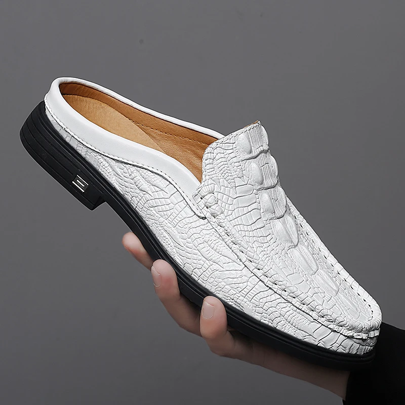 Big Size 38-46 White Half Shoes For Men Leather Mules Man Casual Shoes Summer Slip On Flats Slides Mocassin Homme Chaussure 2023