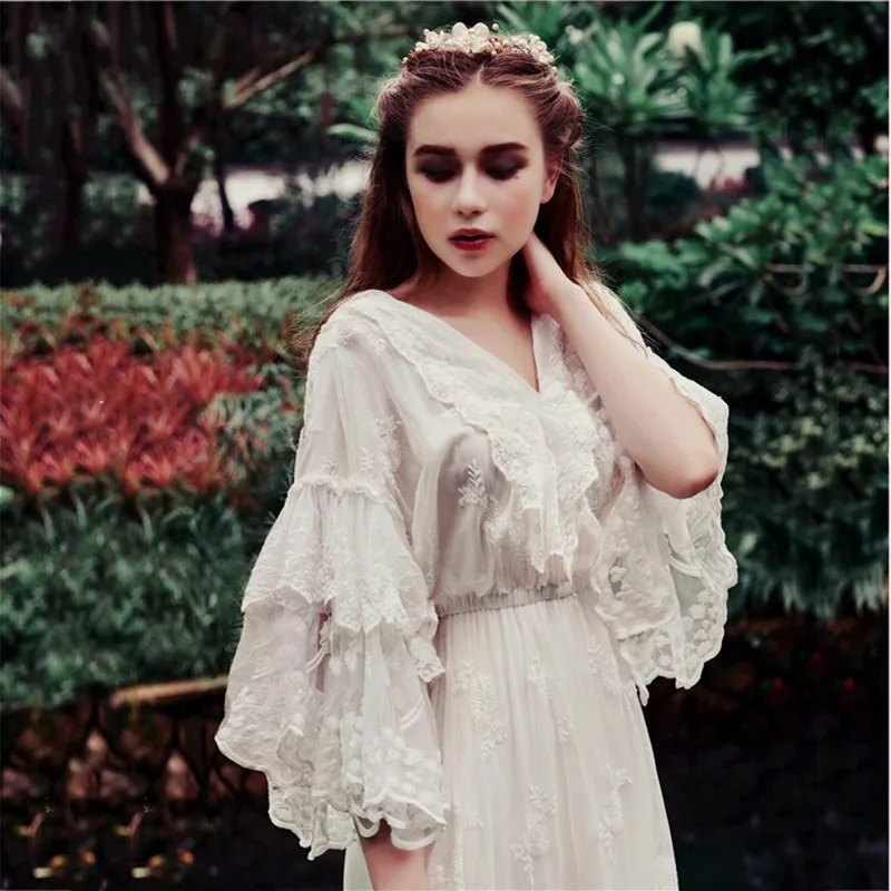 White Lace Dress Women Dress Spring Summer Vintage Elegant Slim Embroidery Lace Dress V-Neck Casual Loose Maxi Dresses Clothes