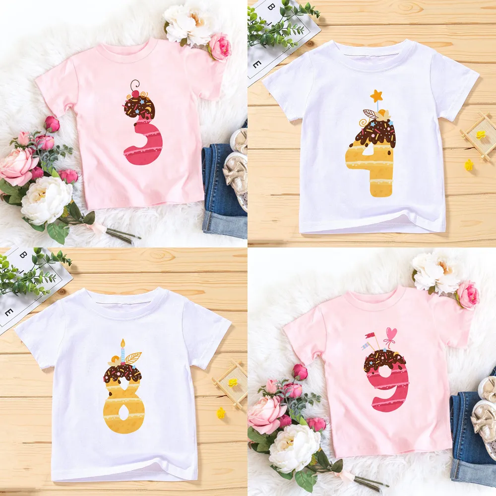 New Kids Girls Boys Summer Donuts Birthday T-shirts Short Sleeved T Shirt Size 1 2 3 4 5 6 7 8 9 Year Children Party Clothes