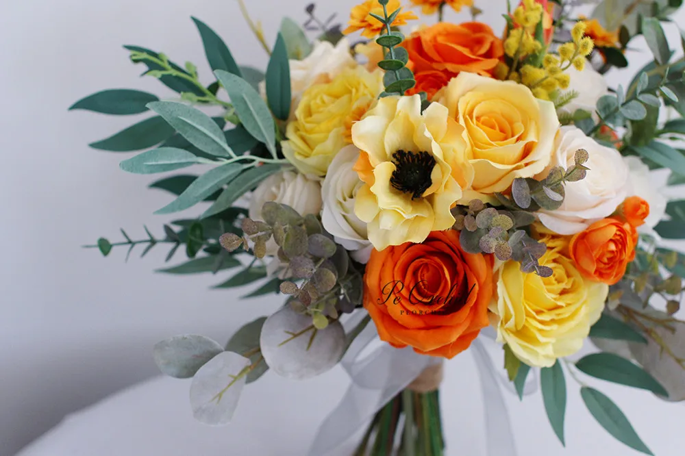 PEORCHID Yellow&Orange Bridal Bouquet Rose 2020 Fall Artificial Bouquet Weding flowers Decoration Vintage Ramo De Novia