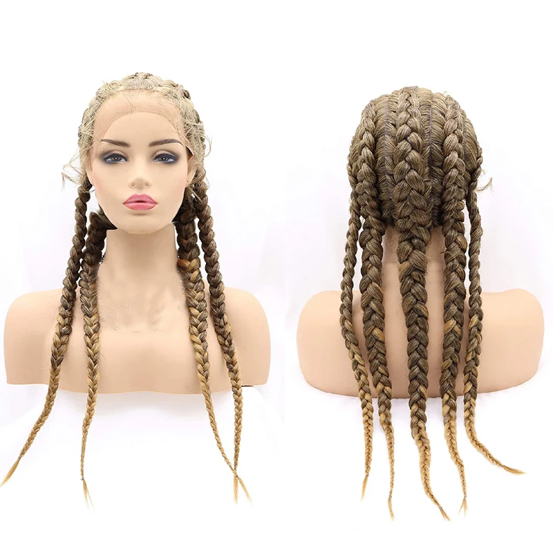 Handmade Box Braided Synthetic Lace Front Wig with Baby Hair 1B# Black Long Big Braiding 5 Braids Wig for Women Lace Wigs