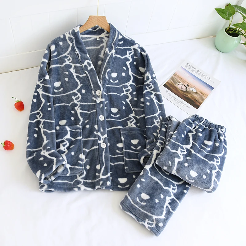 Winter Flannel Couple Pajamas Sets Thick Warm Home Clothing  Sleepwear Plus Velvet Female Nightgown Suit New Pyjama Femme Pijama