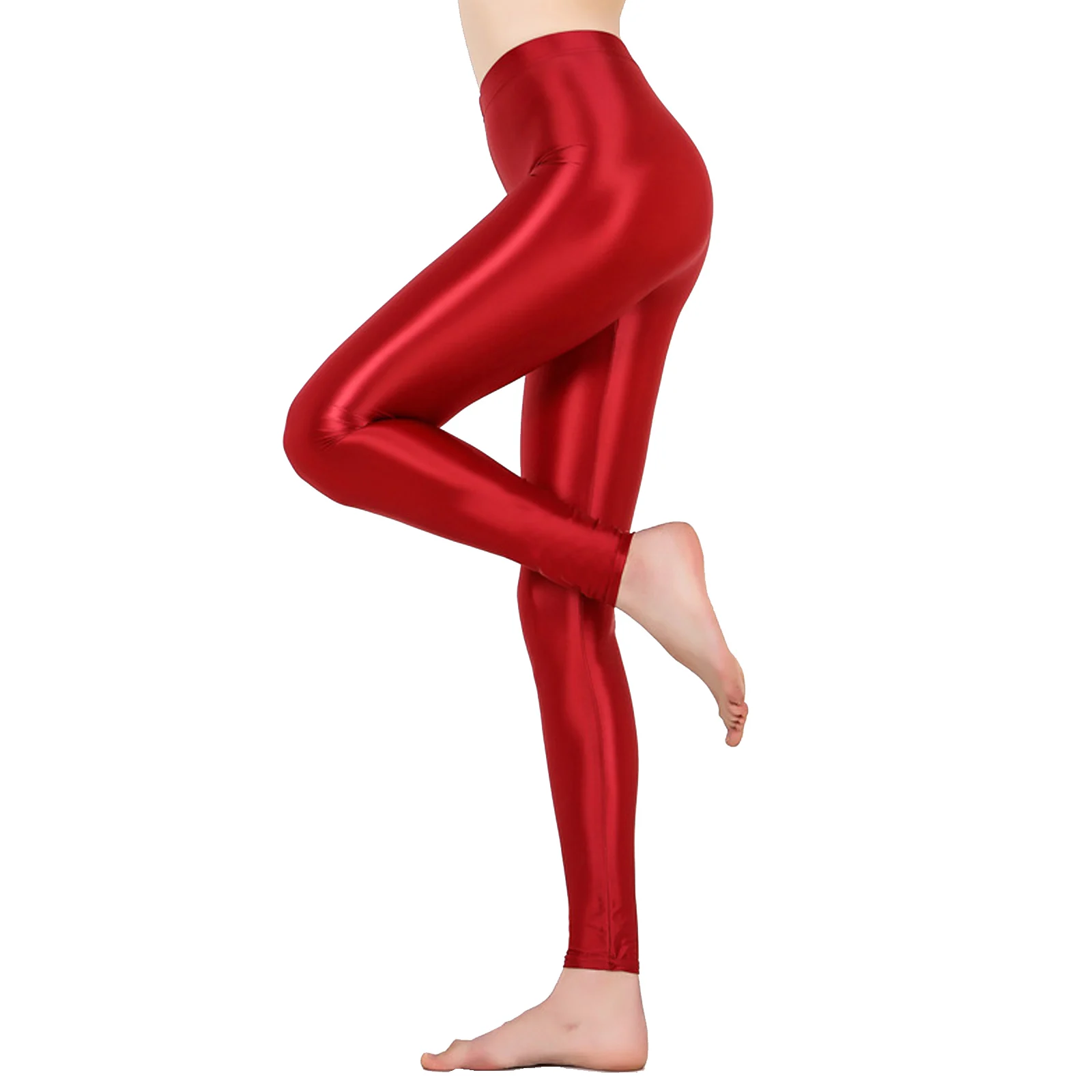 Women\'s Shiny Oil Sports Yoga Pants Stretch Tights Leggings Glossy High Waist Tummy Control Running Workout Athletic Pants