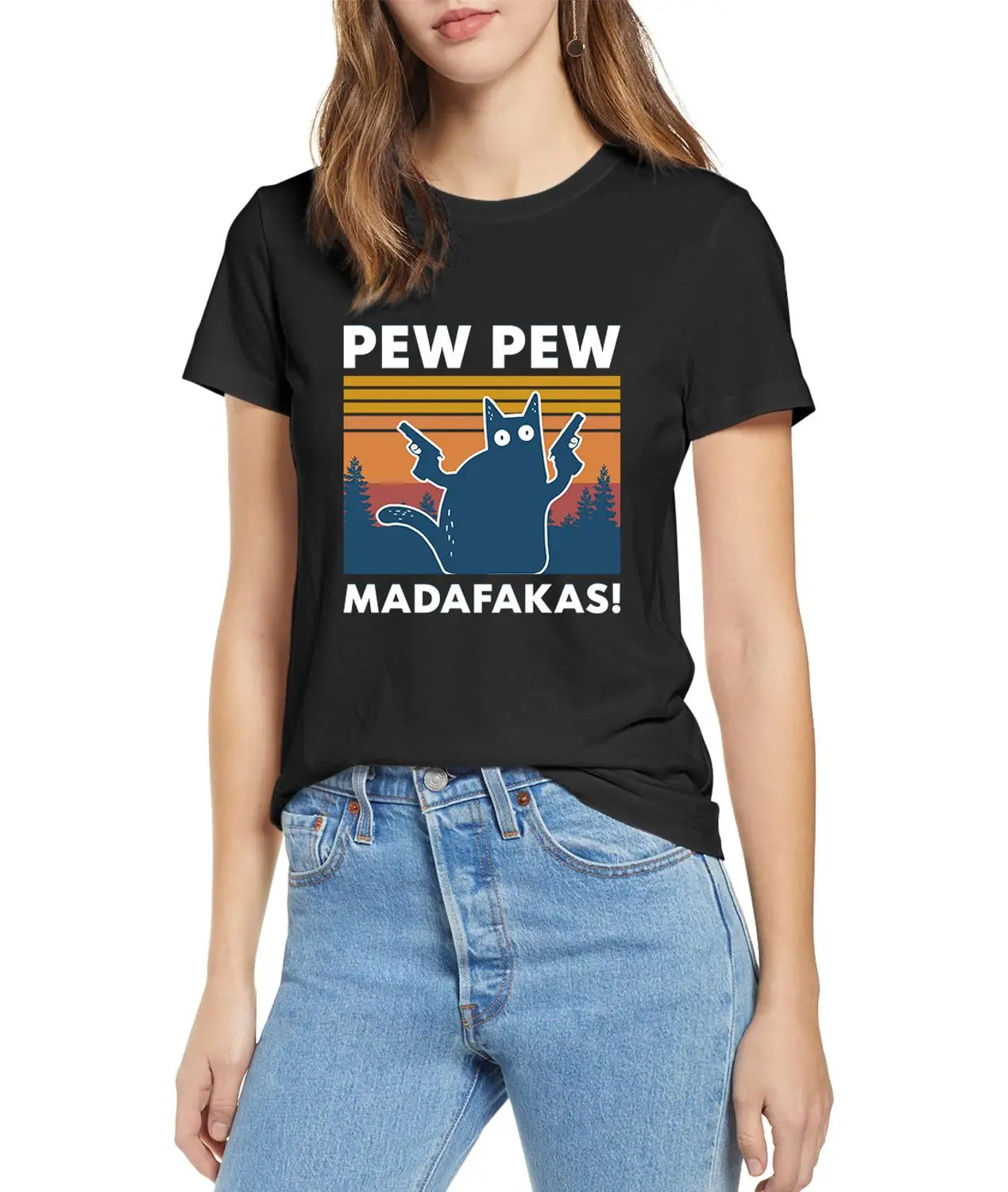 Black Cat Pew Pew Madafakas Funny Cat Gangster With Gun Meme Retro Women\'s Short Sleeves T-Shirt Humor Gift Tops Tee,Drop Ship