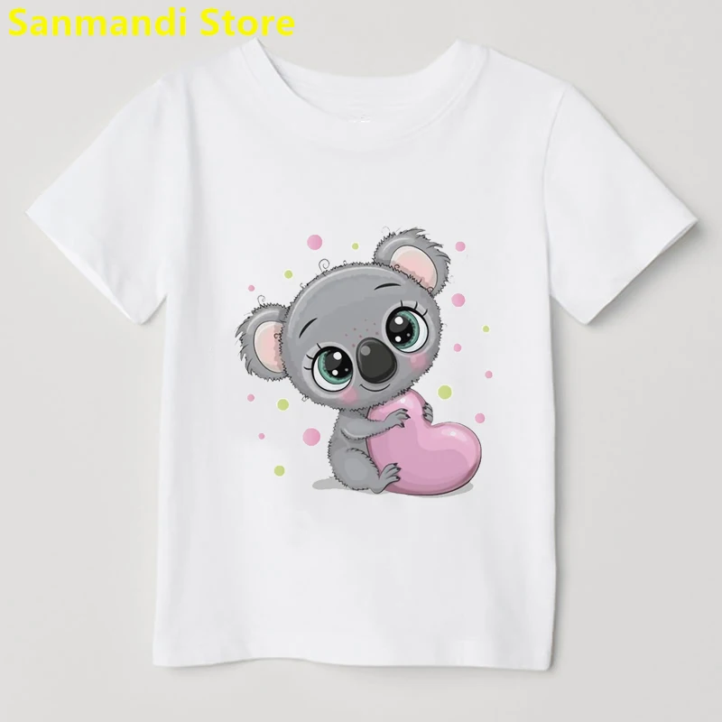 Lovely Koala Pink Love Cartoon Print Tshirt Girls Summer Kids Clothes White Pink Short Sleeve T-Shirt Children Clothes T-Shirt