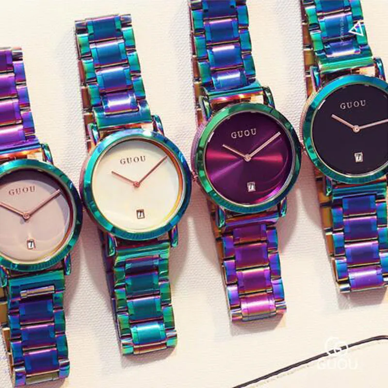 Fashion Guou Luxury Women\'s Watches Stainless Steel Colorful Straps Purple Women Fashion Ladies Watch Reloj Mujer Zegarek Damski