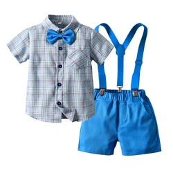 Top and Top Kids Clothing Set Boys Cotton Plaid Tops +Suspender Short Pant Clothes Suit Children Party Wear Costumes Bebes