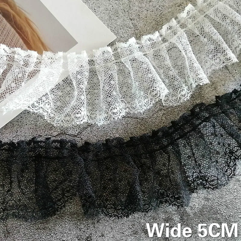 5CM Wide White Black Mesh Tulle Lace Fabirc Embroidered Dots Ruffle Trim Fringe Ribbon DIY Handmade Dolls Clothing Sewing Decor