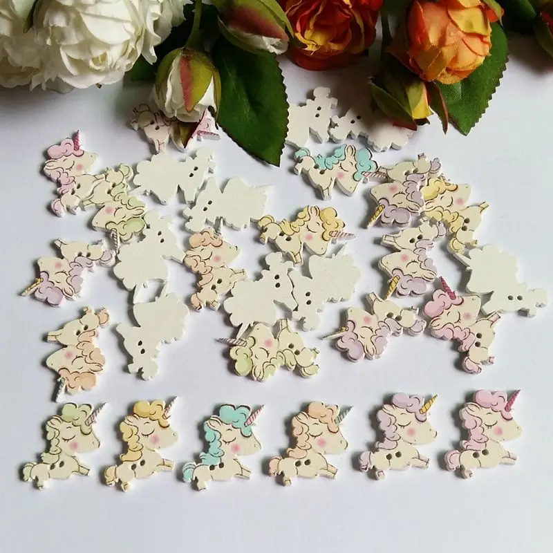 

50pcs/lot Cartoon unicorn Buttons For Scrapbooking Wedding Decorations craft accessorie wooden buttons