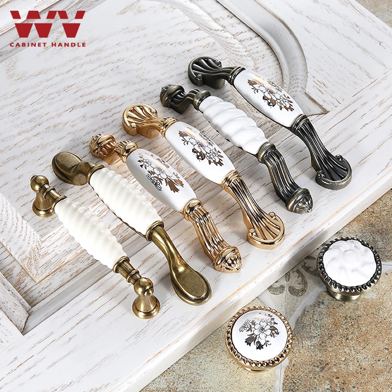 WV European Printing Ceramic Handle Modern Cabinet Wardrobe Door Handles Classical Gold Flower Knobs Handle Garden Pulls 7015