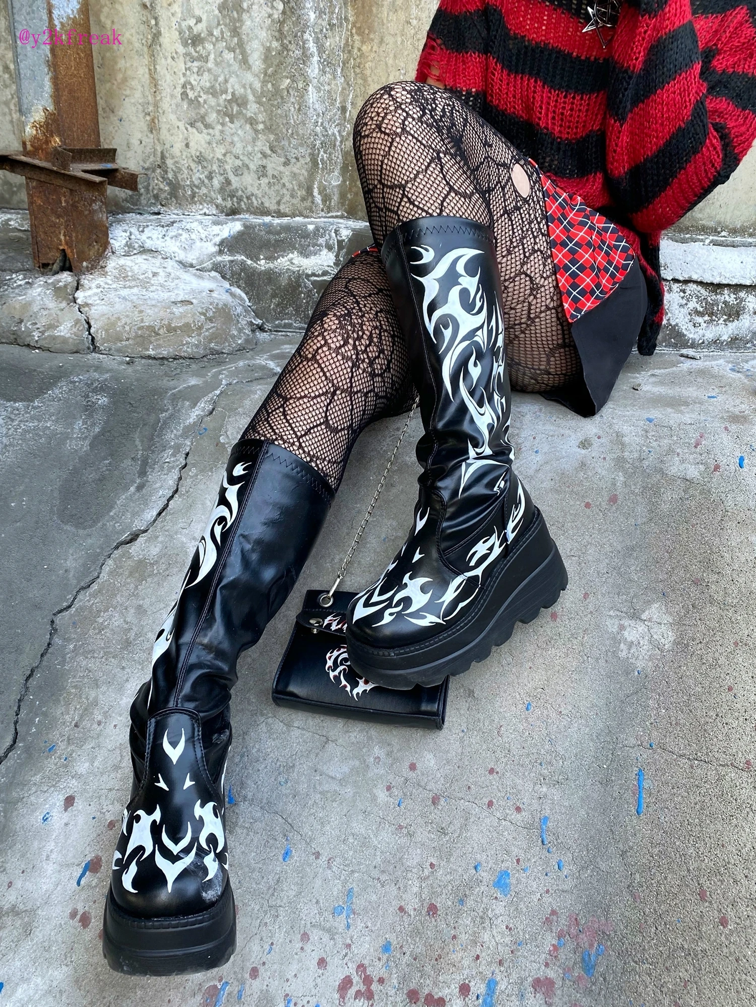 Y2K Grunge Boots Punk Goth Fireworks Platform Boots Chunky Heel Wedge Women Boots Thick Bottom Winter Shoes Egirl Knee High